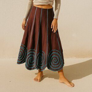 NY Girls brown boho A-line skirt with blue embroidery scalloped hem. Sz XL